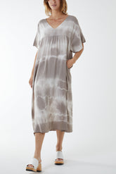Mocha V-Neck Tie Dye Maxi Dress For Women ONE SIZE - Dropwear